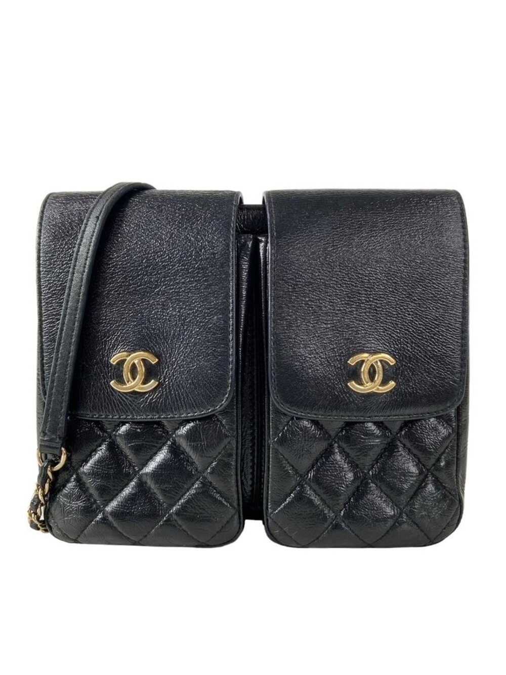 Chanel Shoulder Bag Double Pocket Quilted Black Leather